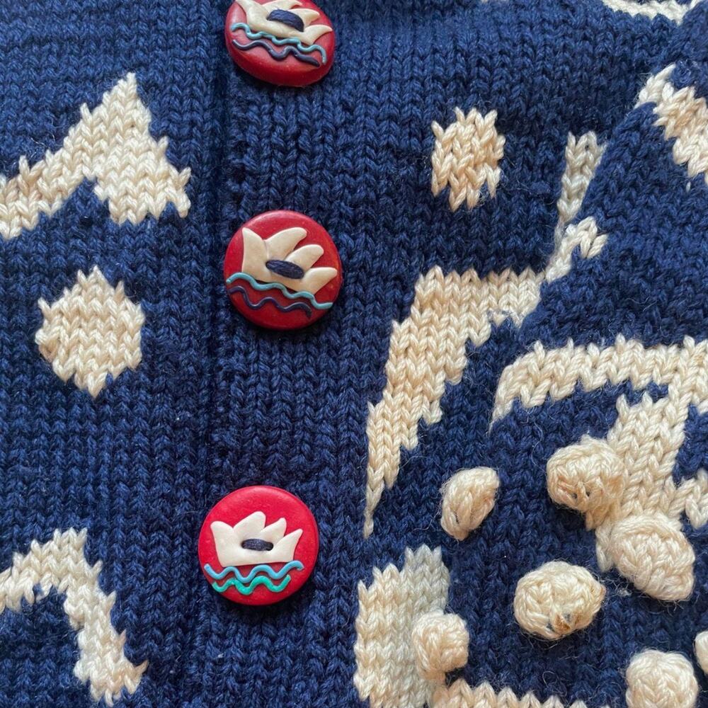 Liz Newman sweater 1987, blue + white, clay buttons XL - Picture 3 of 8